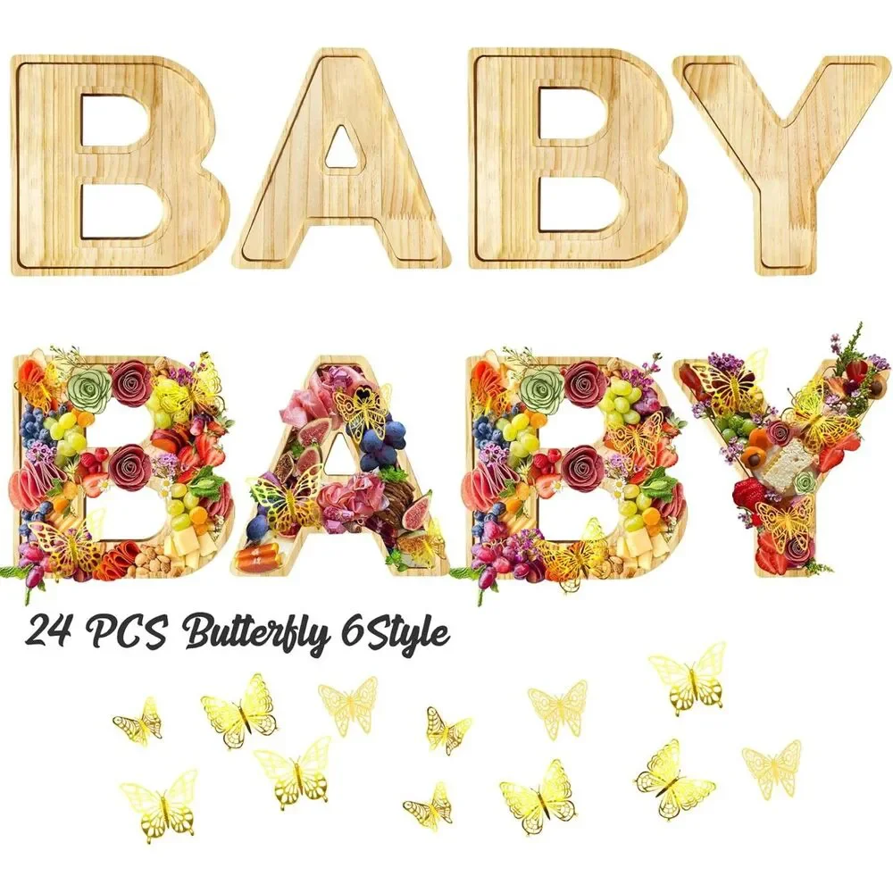 Wooden BABY Charcuterie Board Letters Fillable Plates & 24 Gold Butterflies
